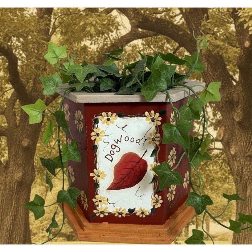 Kathy Hatch Wood Utensil Holder Planter Fall Leaves Rustic Kitchen Decor - Picture 2 of 13